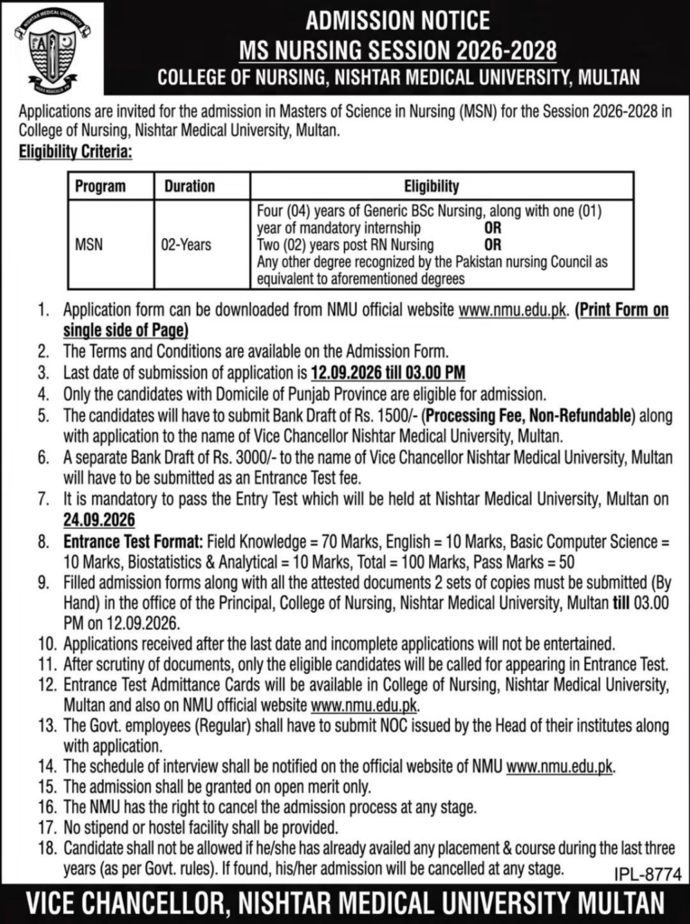 Nishtar Medical University MS Nursing Admission 2026 2028
